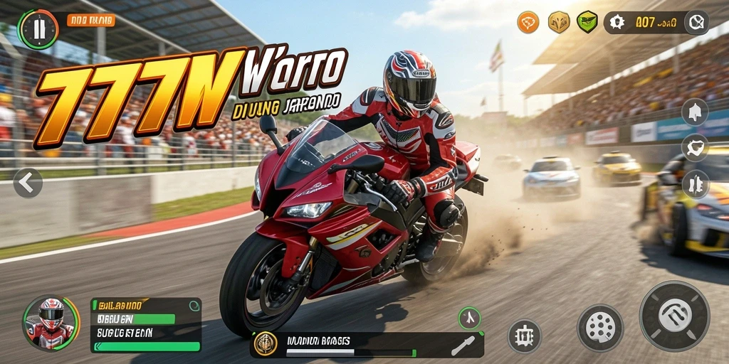Gameplay seru 7777W dengan aksi balapan motor yang mendebarkan.
