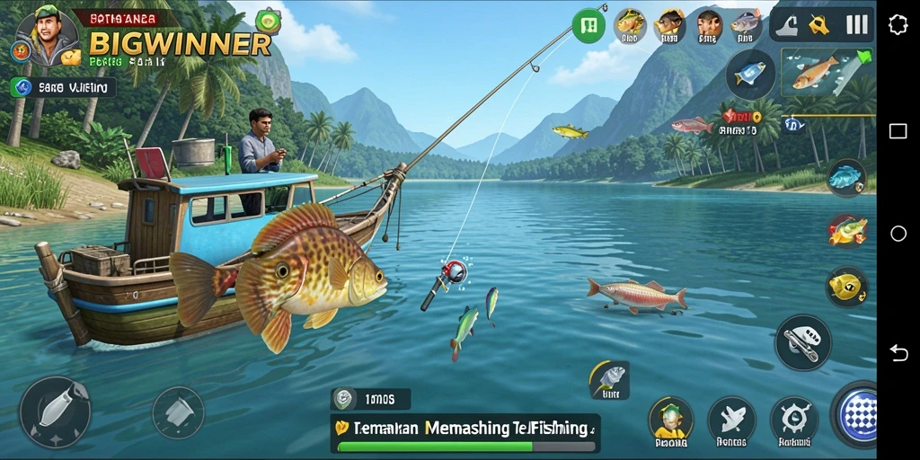 Screenshot game BIGWINNER yang menampilkan aksi memancing seru.