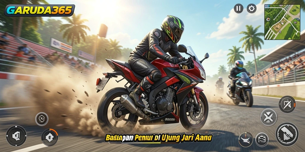 Screenshot GARUDA365 menampilkan aksi balapan motor yang seru.