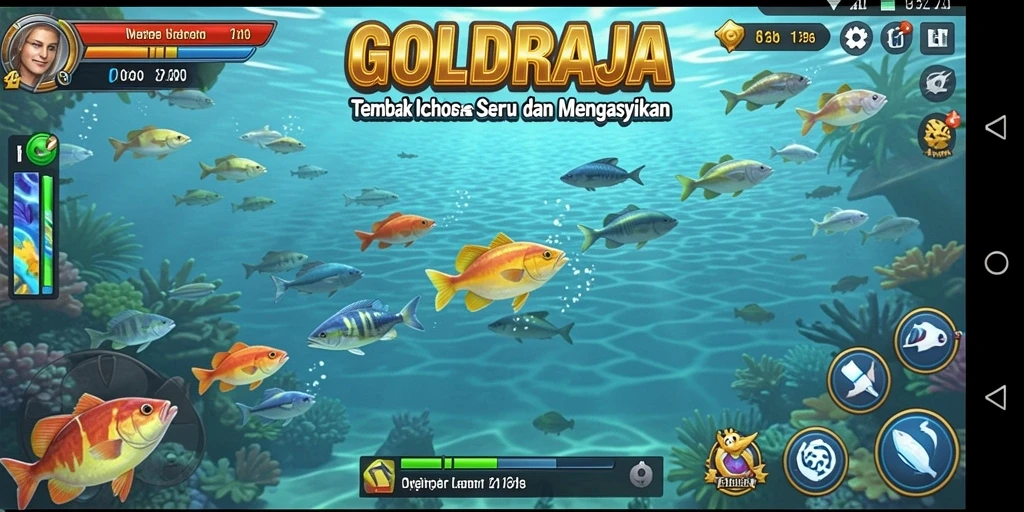 Screenshot gameplay GOLDRAJA menampilkan berbagai jenis ikan yang bisa ditangkap.