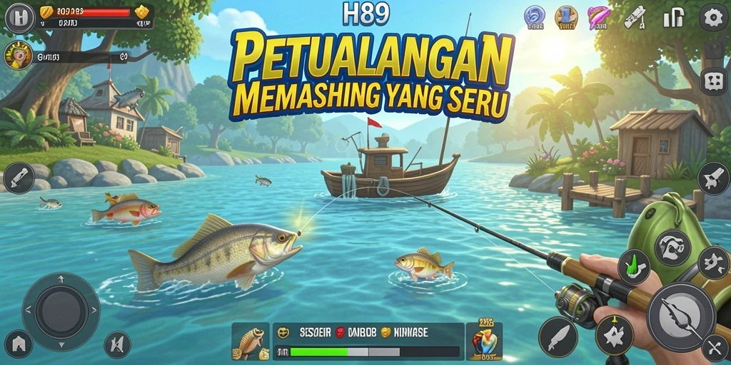 Tampilan gameplay H89 dengan ikan beraneka ragam di air.