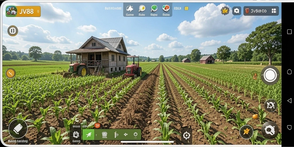 Tampilan gameplay JV88 yang menampilkan ladang dan hewan ternak.