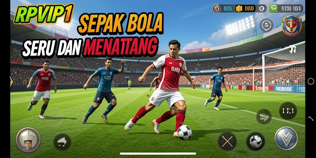 Screenshot utama RPVIP1 menampilkan aksi seru di lapangan sepak bola.